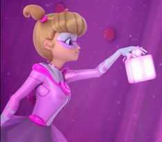 a cartoon character in pink and purple holding a white box with bubbles on it's face