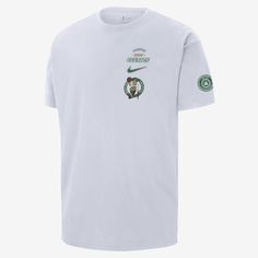 Rep your team and the town they call home in this relaxed-fit Celtics T-shirt. White Relaxed Fit Sports Fan T-shirt, White Relaxed Fit T-shirt For Sports Fans, White Collegiate T-shirt With Team Logo, Nike Casual T-shirt For Fans, Nike Casual T-shirt For Fan Gear, White T-shirt With Team Logo For Fans, Nike Casual T-shirt With Team Logo, White Sports Fan T-shirt Relaxed Fit, White Short Sleeve T-shirt With Team Logo