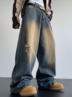 Men's Retro Y2K 90s Baggy Wide Leg Jeans Medium Wash    Denim Plain,All Over Print Straight Leg Non-Stretch  Men Clothing, size features are:Bust: ,Length: ,Sleeve Length: Faded Jeans Outfit, Mid 90s Fashion, Thrift Shop Outfit, 90s Fashion Men, Streetwear Jackets, Mens Work Pants, Black Men Street Fashion, 90s Baggy, Oversized Outfit