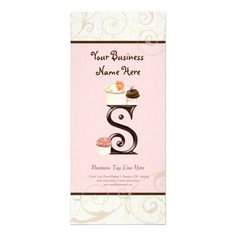 a pink and brown business card with a cupcake on the bottom, and a swirly design