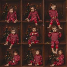 a collage of photos of toddlers in matching red and white pajamas sitting on wooden boxes