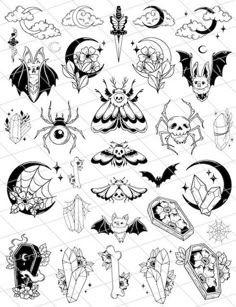 a set of bats and moon tattoos