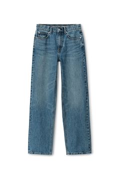 Mid-rise straight-leg jeans with invisible zip pockets at sides and classic denim pockets at back in vintage medium indigo wash. Relaxed fit. Full length. Zipper front closure. Composition: 100% cotton. Made in china. Model is 5' 11" and wears a size s. 4DC3234174473. Medium Wash Straight Hem Cropped Jeans, Medium Wash Straight Hem Rigid Denim Jeans, Medium Wash Rigid Denim Jeans With Straight Hem, Dark Wash Straight Silhouette Denim Jeans, Dark Wash Straight Denim Jeans, Medium Wash Straight Fit Jeans With Straight Hem, Dark Wash Straight Jeans With Five Pockets, Medium Wash Straight Fit Jeans, Straight Cropped Jeans In Medium Wash With Five Pockets