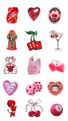 various valentine's day items are arranged on a white background, including balloons and candies