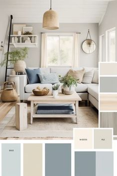 a living room filled with furniture and lots of color swatches in shades of gray, blue