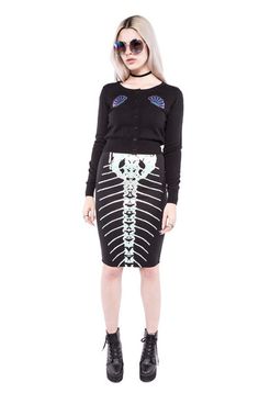 S'Hell Cardigan Eccentric Clothes, No Bones About It, Contemporary Clothes, Attitude Clothing, Fashion Goth, Pin Up Outfits, Woman In Black, Rockabilly Pinup, Fashion Sweaters