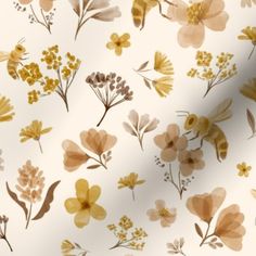 a white background with yellow and brown flowers on it's sides, all over