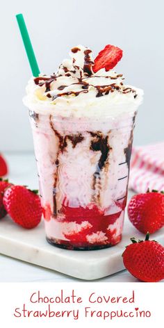 chocolate covered strawberry frappe mousse in a glass with strawberries on the side