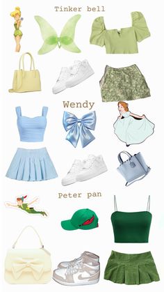 various types of clothing and accessories are shown in this image, with the words thinker bell wendy peter pan