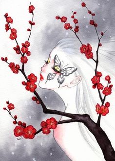 a painting of a woman with white hair and butterfly on her face next to a tree