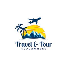 the logo for travel and tour company with mountains, palm trees and an airplane flying over it