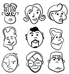 black and white drawing of people's faces with different facial expressions