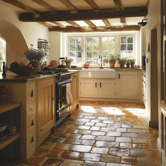 a kitchen with stone flooring and wooden cabinets