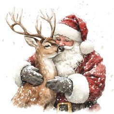 a painting of santa hugging a deer in his lap with snow falling all around him