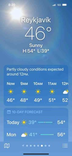 the weather app is displayed on an iphone's screen, with sun and clouds in the background