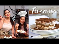 two women sitting at a table with desserts and utensils in front of them