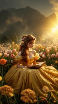 a woman in a yellow dress sitting on the ground reading a book with flowers around her