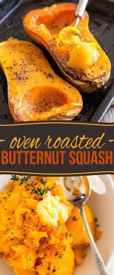 two plates filled with butternut squash on top of a black plate and the title overlay reads oven roasted butternut squash