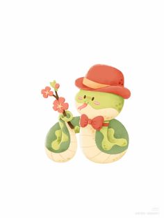 a green and white stuffed animal with a red hat holding a flower in it's hand