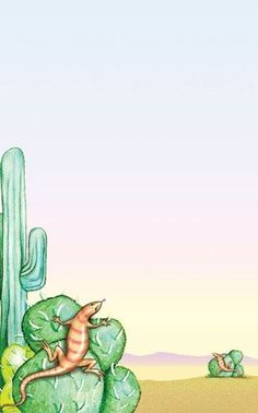 a drawing of a lizard sitting on top of a cactus