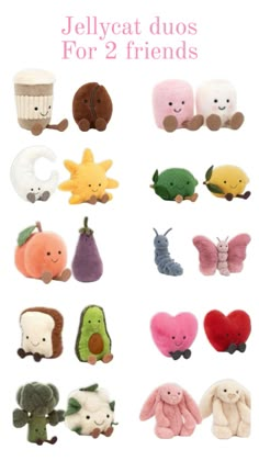 several different stuffed animals are shown with the words jellycat duos for 2 friends