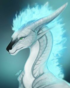 a drawing of a white dragon with blue feathers on it's head and green eyes