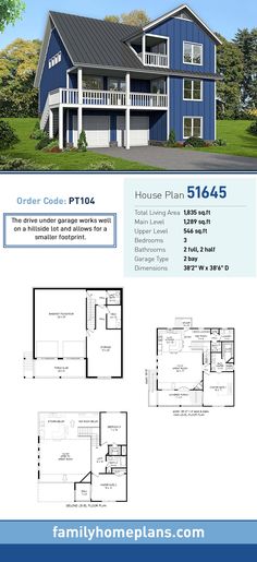 the floor plan for this modern house is shown in blue and white, with two levels to