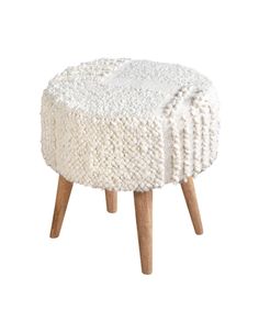 a white stool with wooden legs and a round footstool in the shape of an ottoman