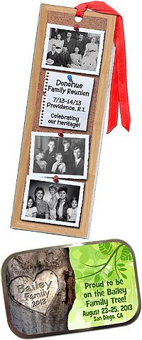 an old photo frame with family pictures on it and a red ribbon tied around it