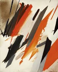 an abstract painting with orange, black and white colors