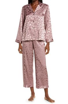 The exquisite fabrication of blissfully soft satin upgrades these notch-collar PJs to a new level of indulgence. 25 1/2" top length; 25 1/2" inseam, 20 1/2" leg opening; 11" front rise; 14" back rise (size Medium) Top has front button closure; notch collar; long sleeves; chest patch pocket Pants have drawstring waist 97% polyester, 3% spandex Machine wash, tumble dry Imported Lingerie Satin Pajamas, Notch Collar, Notched Collar, Pocket Pants, Drawstring Waist, Patch Pocket, Two Piece Pant Set, Pajamas, Jumpsuit