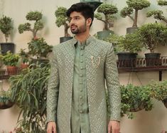 Buy Embroidered Georgette Sherwani Online in India - Etsy Indian Wedding Suits Men, Wedding Outfits Indian, Outfit Indian, Outfits Fo, Men's Wedding Outfit, Chikankari Kurta