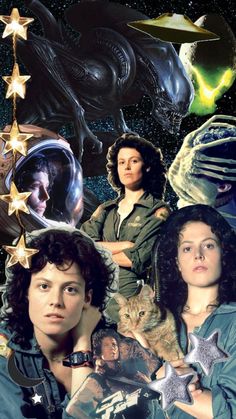 collage of stars, aliens, and other things in the sky with one woman holding a cat