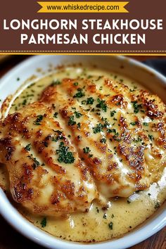 Looking for the ultimate comfort food? This Longhorn Steakhouse Chicken Recipe features juicy chicken topped with a creamy, garlicky Parmesan crust. So good, it’s like dining out at home! Good Ranchers Recipes, Easy Chicken Dinner Ideas For Two, Cooker Of Deliciousness Recipes, Baked Supper Ideas, Dinner Recipes For Company Main Dishes, Dredged Chicken Recipes, Easy Country Dinner Recipes, Delicious Home Cooked Meals, Restaurant Style Dinner Recipes