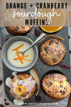 orange and cranberry sourdough muffins with yogurt in the middle