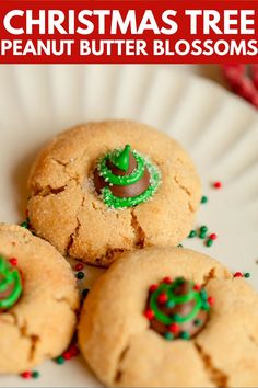 three christmas tree peanut butter blossoms on a plate