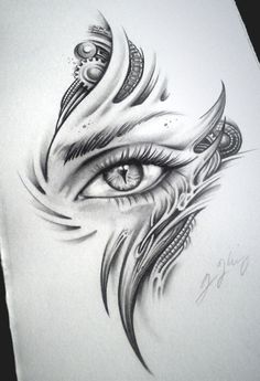 a drawing of an eye with feathers on the iris's face and eyes drawn in pencil