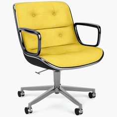 an office chair with wheels and yellow fabric upholstered on the back, viewed from the front