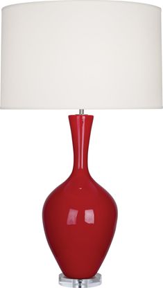 Robert Abbey - RR980 - One Light Table Lamp - Audrey - Ruby Red Glazed Ceramic Red Sofa Living Room, Red Lamp, Pop Color, Side Table Lamps, Beautiful Chandelier, Fan Lamp, Ceramic Base, Fabric Shades, Glazed Ceramic