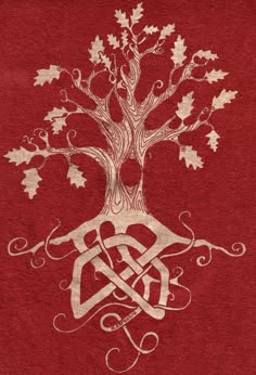 a red shirt with an image of a tree and two leaves on the chestline