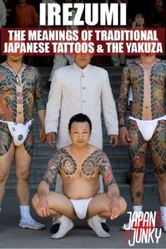 an advertisement for japanese tattoos and the yakuza, featuring three men in white suits