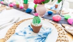 a small cactus sits on top of a plate