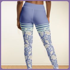 These are the beautiful Lilac Lace Striped Leggings! They feature a solid color top with an elegant lace print in lavender and white on the leg area, separated by mint green accent stripes. The high performance, breathable, durable material is perfect for high impact workouts at the gym, while still being soft and comfortable enough for lounging and everyday wear. They also make a unique gift for any yoga leggings lovers or fitness enthusiasts in your life! Designed to blend style and comfort se Leggings Striped, Women's Athleisure, Fitness Gift, Unique Workouts, Lace Leggings, Athleisure Women, Legging Outfits, Fitness Gifts, Lace Print