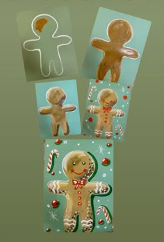 three gingerbread cut outs are shown on green paper