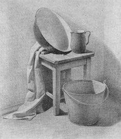 a pencil drawing of pots and pans on a table with a cloth draped over it