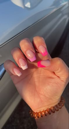 Trendy French Tip Nails Coffin Short, Different Pinks French Tip Nails, Preppy Nails Coffin, Short Summer Acrylic Nails French Tip, Spring Neon Nails, Preppy Nails French Tip, Nail Inspo Summer Coffin, Pink Coffin French Tip Nails, Preppy Birthday Nails