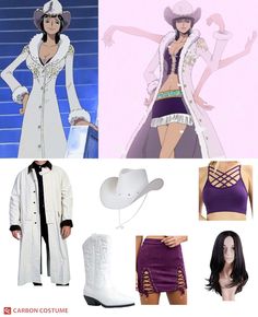 Nico Robin’s White Cowboy Outfit from One Piece Costume | Carbon Costume | DIY Dress-Up Guides for Cosplay & Halloween Robin From One Piece Costume, One Piece Costume Anime, One Piece Robin Outfit, Nico Robin Halloween Costume, Robin One Piece Costume, One Piece Costume Halloween, Nico Robin Costume, Robin One Piece Outfit