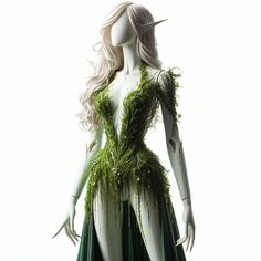 a white mannequin with green foliage on it's body and head, wearing a dress