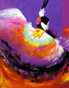 an abstract painting of a bird on a purple and yellow background with black, white, orange, and pink colors