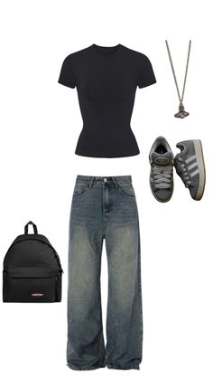 a woman in black shirt and jeans with backpack, shoes and handbag on white background